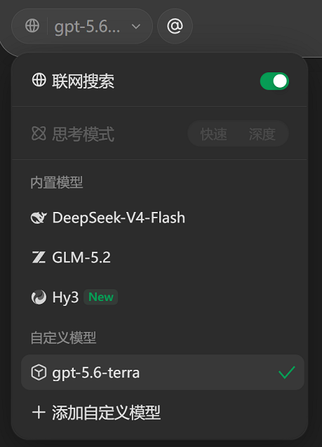 IMA 模型列表中的自定义模型分组,选中后显示对勾
